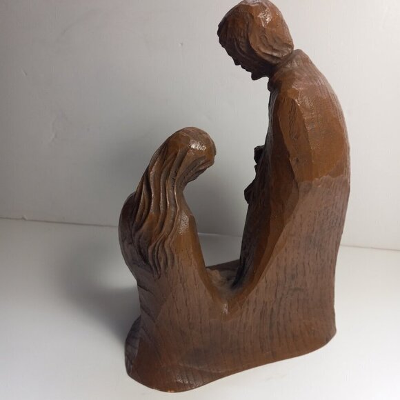 Holy Family Religious Woodgrain Statuette Vintage Resin Dk. Mid Century 1960s - Picture 4 of 9